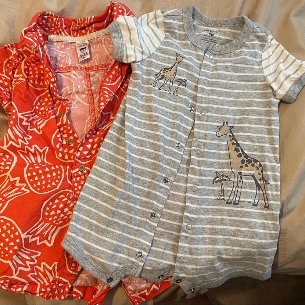 2 for 1! Carter's 18 Month Striped Giraffe and Vibrant Red Pineapple Rompers